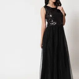 VAANI CREATION Women Black Embellished Net Ethnic Maxi Dress image 3
