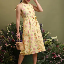 Vishudh Yellow Floral Printed Halter Neck Tie Ups Detail A-Line Midi Dress image 5