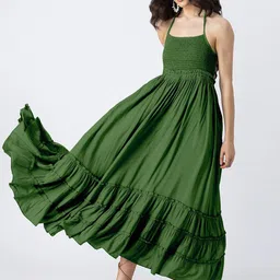 Moomaya Shoulder Straps Smocked Fit And Flare Maxi Dress image 5