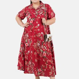 Indietoga Women's Plus Size Maroon Floral Print Fit And Flare Long Maxi Dress image 5