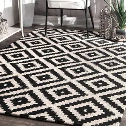 OZONE CARPET Handmade Woollen Loop Pile Carpet for Living Room Bedroom & Hall Size 2 x 6 feet (60X180 cm) White & Black image 1