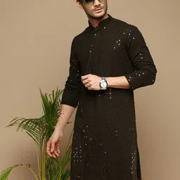 here&now x sanwara Sanwara Ethnic Motifs Embroidered Chikankari Mandarin Collar Sequins Cotton Kurta-picture-11