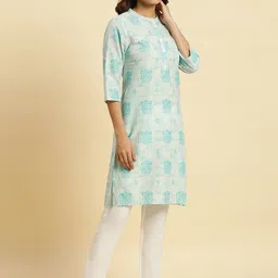 W Ethnic Motifs Printed Band Collar Pure Cotton Straight Kurta image 3
