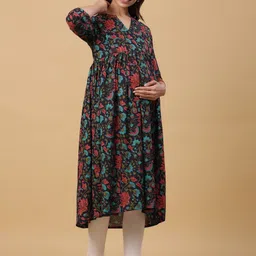 CRAFIQA Floral Printed Pure Cotton Maternity & Nursing Pleated Anarkali Kurta image 3