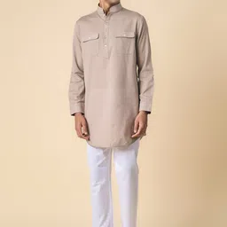 Tasva Men Grey Mandarin Collar Cotton Pathani Kurta image 3