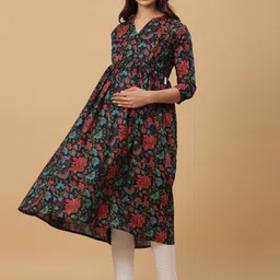 CRAFIQA Floral Printed Pure Cotton Maternity & Nursing Pleated Anarkali Kurta image 4
