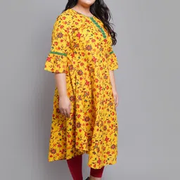 YASH GALLERY Women Mustard Yellow & Red Floral Plus Size Printed Anarkali Kurta image 3