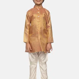 Sethukrishna Boys Gold-Toned & Red Printed Kurta with Pyjamas image 1
