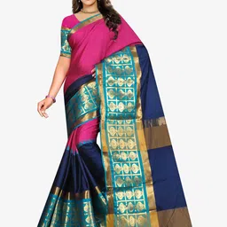 Indian Fashionista Pink & Green Woven Design Zari Art Silk Maheshwari Saree image 1
