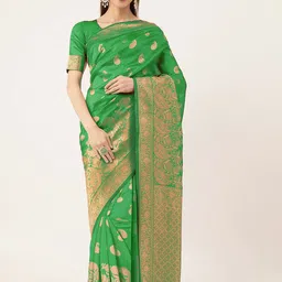MANVAA Ethnic Motifs Woven Design Zari Banarasi Saree-image-87