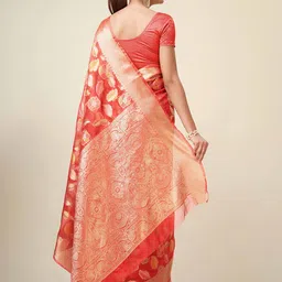 Mitera Red Floral Woven Design Zari Detailed Organza Saree image 2