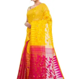 PuJoy Yellow & Red Woven Design Pure Cotton Jamdani Saree image 2