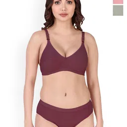 Aamarsh Pack Of 3 Cotton Non Padded Bra & Mid-Rise Briefs-image-60