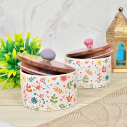 FABINALIV White Floral Handcrafted Glossy Ceramics Jar with Lid (Pack of 2) (300ml)-picture-12
