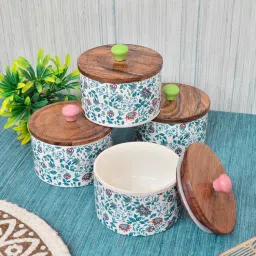 FABINALIV White Floral Handcrafted Glossy Ceramics Jar with Lid (Pack of 4) (300ml)-picture-20