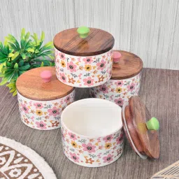 FABINALIV White Floral Handcrafted Glossy Ceramics Jar with Lid (Pack of 4) (300ml)-picture-10