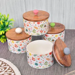 FABINALIV White Floral Handcrafted Glossy Ceramics Jar with Lid (Pack of 4) (300ml)-picture-21