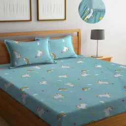 FABINALIV Multicolor CartoonCotton Blend King Size Fitted Double Bedsheet With 2 Pillow Covers-picture-12