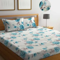 FABINALIV Multicolor Floral Cotton Blend King Size Fitted Double Bedsheet With 2 Pillow Covers-picture-11