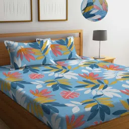 FABINALIV Multicolor Floral Cotton Blend King Size Fitted Double Bedsheet With 2 Pillow Covers-picture-17