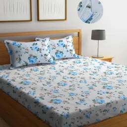 FABINALIV Multicolor Floral Cotton Blend King Size Fitted Double Bedsheet With 2 Pillow Covers-image-5