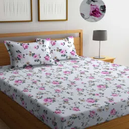 FABINALIV Multicolor Floral Cotton Blend King Size Fitted Double Bedsheet With 2 Pillow Covers-picture-20