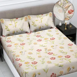 FABINALIV Multicolor Floral Cotton Blend King Size Fitted Double Bedsheet With 2 Pillow Covers-image-64
