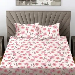 FABINALIV Pink Floral 300 TC Cotton Blend Fitted Bedsheet with 2 Pillow Covers (King)-image-105