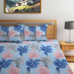 FABINALIV Blue Floral 300 TC Cotton Blend Fitted Bedsheet with 2 Pillow Covers (King)-picture-25