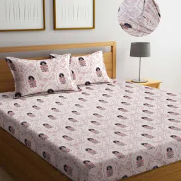 FABINALIV Pink Floral 300 TC Cotton Blend Fitted Bedsheet with 2 Pillow Covers (King)-image-81