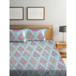 FABINALIV Green Floral Cotton Blend Super King Bedsheet with 2 Pillow Covers image 2