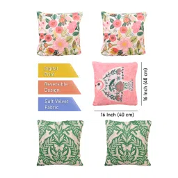 FABINALIV Pack of 5 Multicolor Floral Reversible Digital Printed Velvet Square Cushion Covers image 3