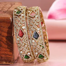 Rubans Set of 2, 22K Gold-Plated Multicolor AD & CubicZirconia Studded Traditional Bangles image 3