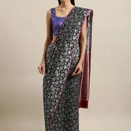 Sangria Black & Silver-Toned Woven Design Silk Blend Kanjeevaram Saree-image-44