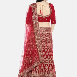 Sangria Red & Gold-Toned Embroidered Velvet Lehenga Choli image 5