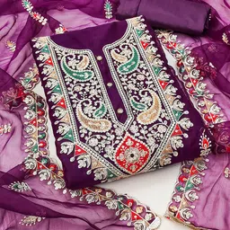 KALINI Ethnic Motifs Embroidered Thread Work Detailed Organza Unstitched Dress Material-picture-55