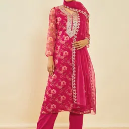 Soch Pink Floral Printed Sequinned Unstitched Dress Material-image-19