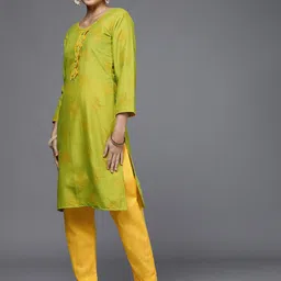 KALINI Green & Yellow Printed Unstitched Dress Material image 3