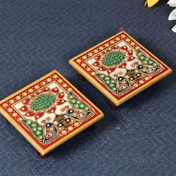 HANDICRAFTS PARADISE White & Red 2 Pieces Peacock-designed Marble Square Pooja Chowkie-image-97