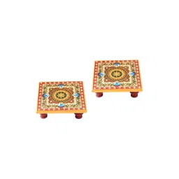 HANDICRAFTS PARADISE White & Red 2 Pieces Floral Marble Square Pooja Chowkis image 4