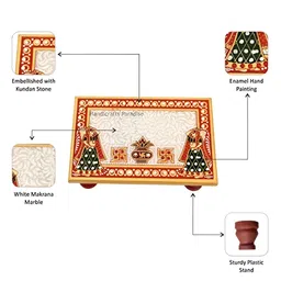 HANDICRAFTS PARADISE White & Green 4 Pieces Kalash Designed Marble Pooja Chowkies image 2