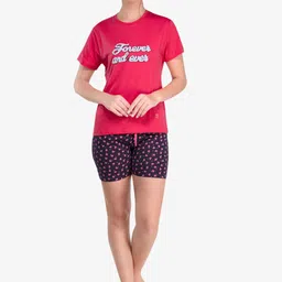 evolove Women Red & Black Printed Pure Cotton Night suit-picture-48