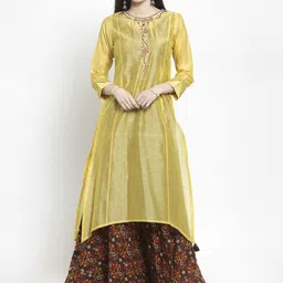KALINI Embroidered Round Neck With Printed Inner A-line Ethnic Dresses-image-11
