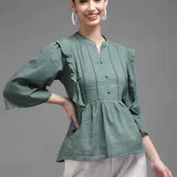 KALINI Women Olive Green Mandarin Collar Cotton Tunic-image-98
