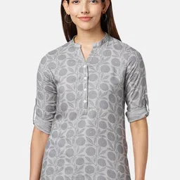 AKKRITI BY PANTALOONS Women Charcoal Mandarin Collar Floral Printed Tunic-picture-14