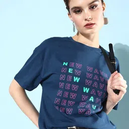 The Roadster Lifestyle Co. Women Navy Blue Pure Cotton Foraging Offgrid Graphics T-shirt image 1