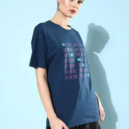 The Roadster Lifestyle Co. Women Navy Blue Pure Cotton Foraging Offgrid Graphics T-shirt image 3