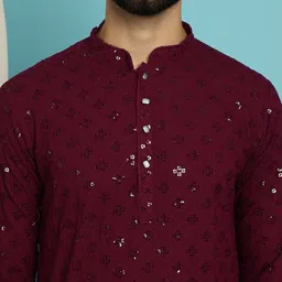 SOJANYA Geometric Embroidered Mandarin Collar Sequinned Pure Cotton Kurta with Churidar image 2