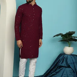 SOJANYA Geometric Embroidered Mandarin Collar Sequinned Pure Cotton Kurta with Churidar image 4