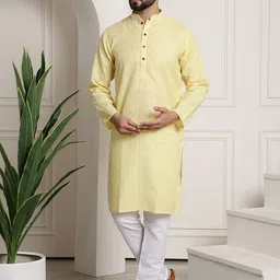 SOJANYA Men Yellow & White Woven Design Kurta with Churidar-picture-30
